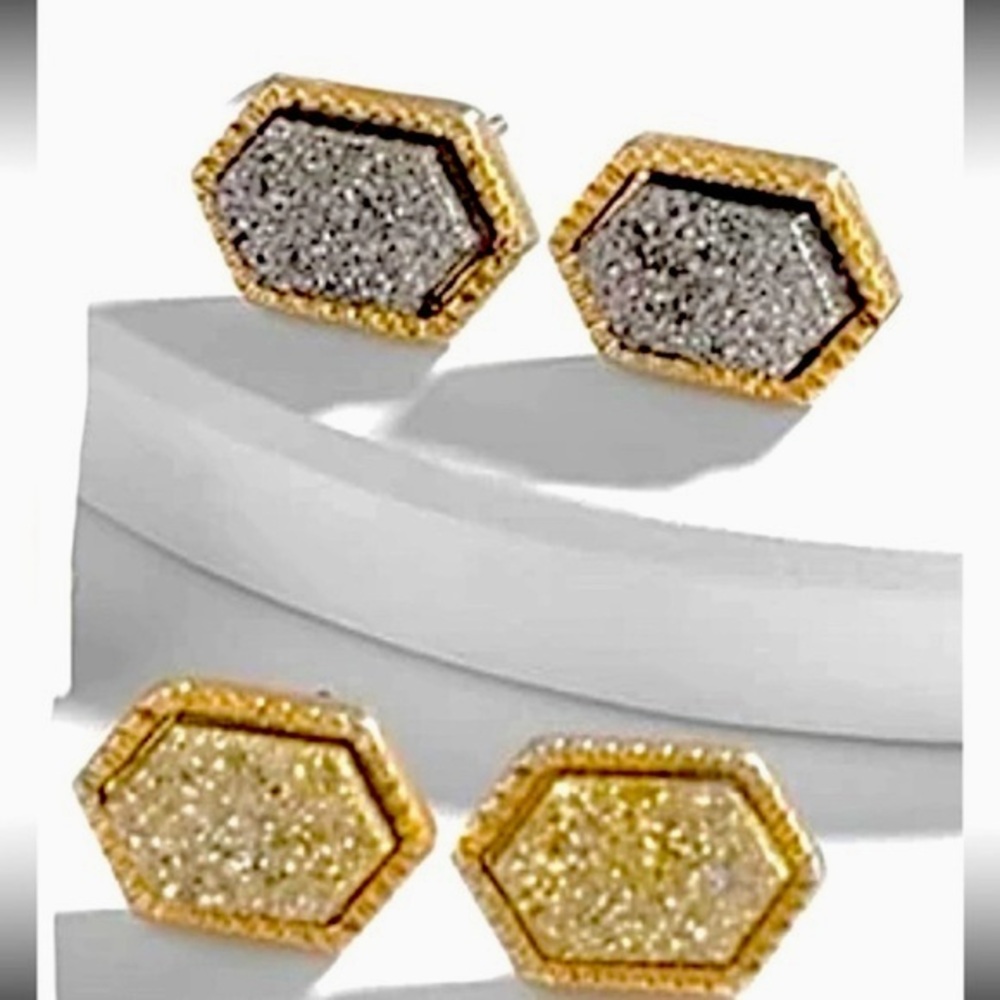 2 pairs charcoal gray gold Druzy stone earrings glitter